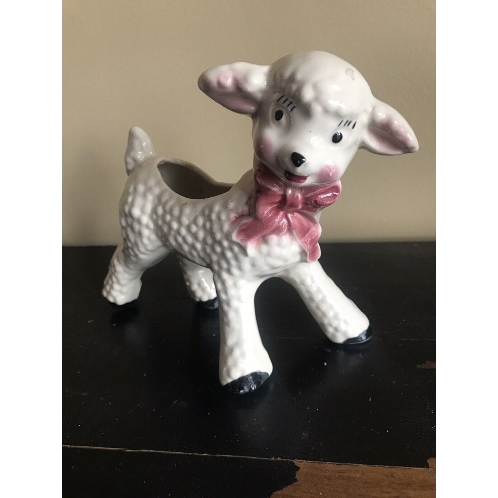 Vintage Ceramic Lamb/Sheep Baby Nursery/Easter Planter W/ Pink‎ Bow